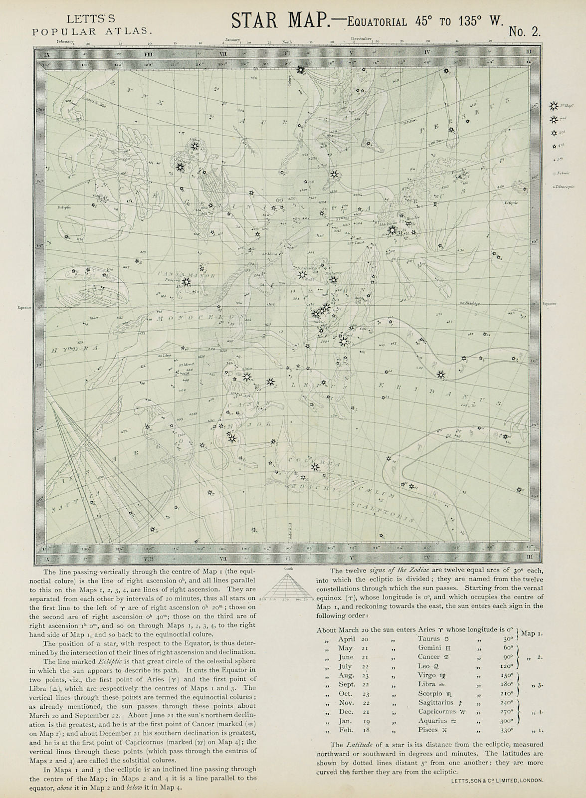 ASTRONOMY CELESTIAL Star map chart signs Summer Taurus Gemini Cancer. LETTS 1884